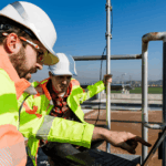 Two engineers wearing high-visibility safety gear review operational data on a laptop during a site evaluation, supporting the work of an activated carbon expert.