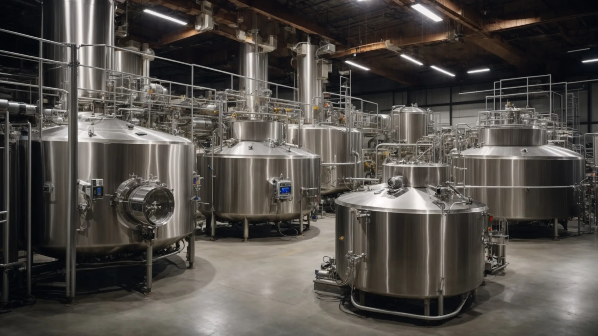 large fermentation tanks intricately connected within a state-of-the-art food production facility symbolize efficient resource recycling.