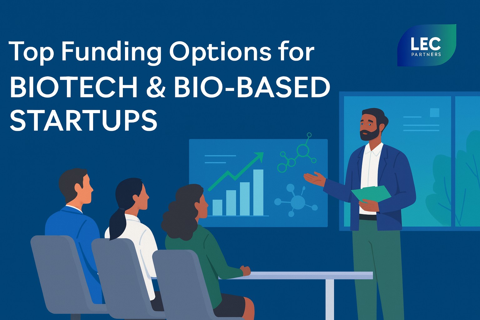 Illustration of a biotech startup funding presentation with a presenter showing growth charts to investors, featuring LEC Partners branding.