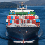 container ship traveling at sea representing low carbon marine fuels transition