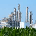 industrial bioeconomy facility with agricultural feedstock in foreground