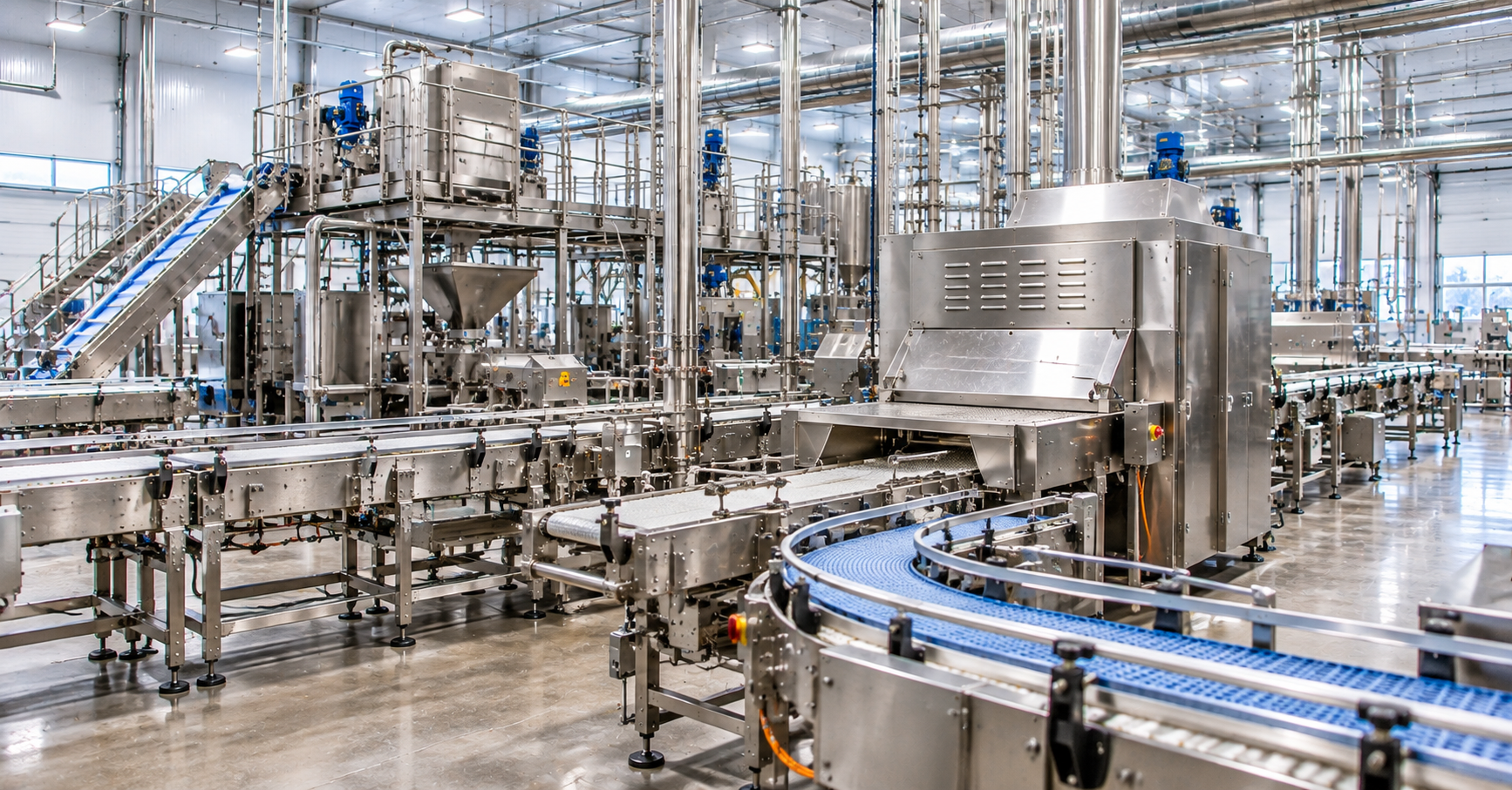 Modern food processing facility with stainless steel production equipment and conveyor systems, illustrating technology assessment for processing facilities.